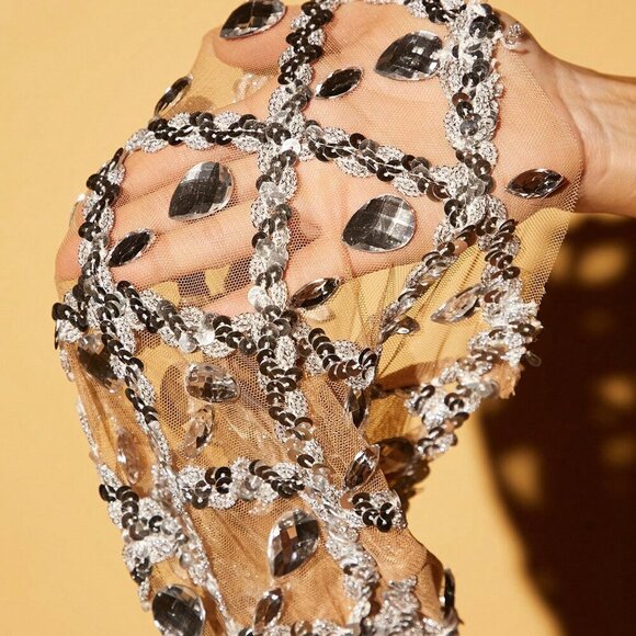 White Party Women's Sequin Rhinestone Diamond Mesh Backless Halter Crop Top - Picture 7 of 7